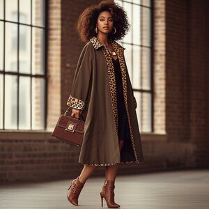 Reversible Robert Louis Brown Leopard Print & Solid Trench Coat Size Medium Coat